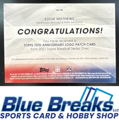 2021 Topps 70th Anniversary Logo Relic Series 1 Eddie Mathews [RC] #70LP-EM