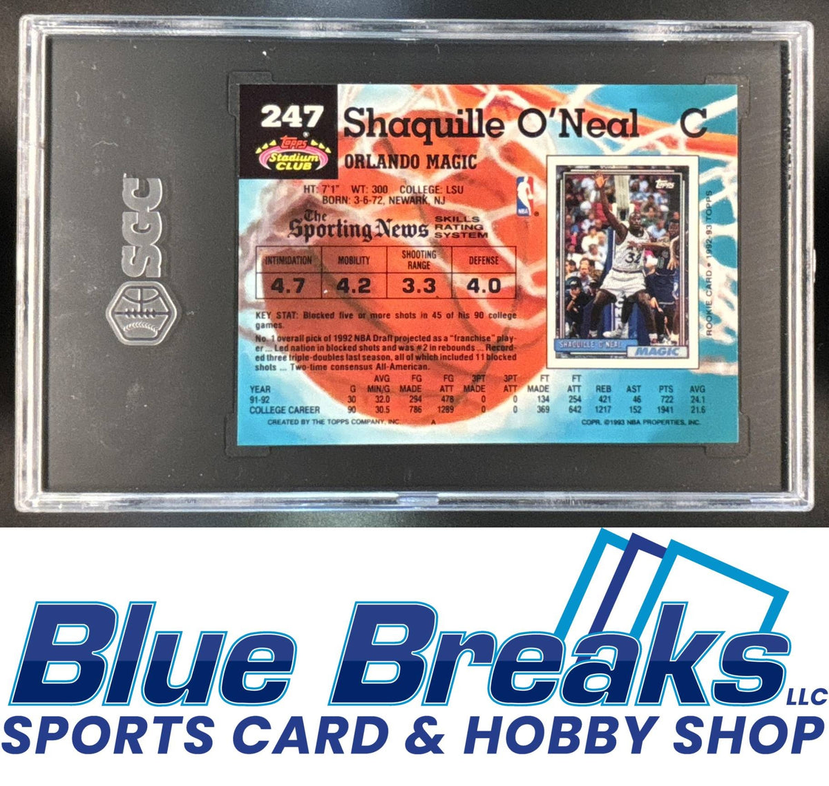 1992-93 Topps Stadium Club Shaquille O'Neal [RC] #247 RC SGC 9.5 Magic