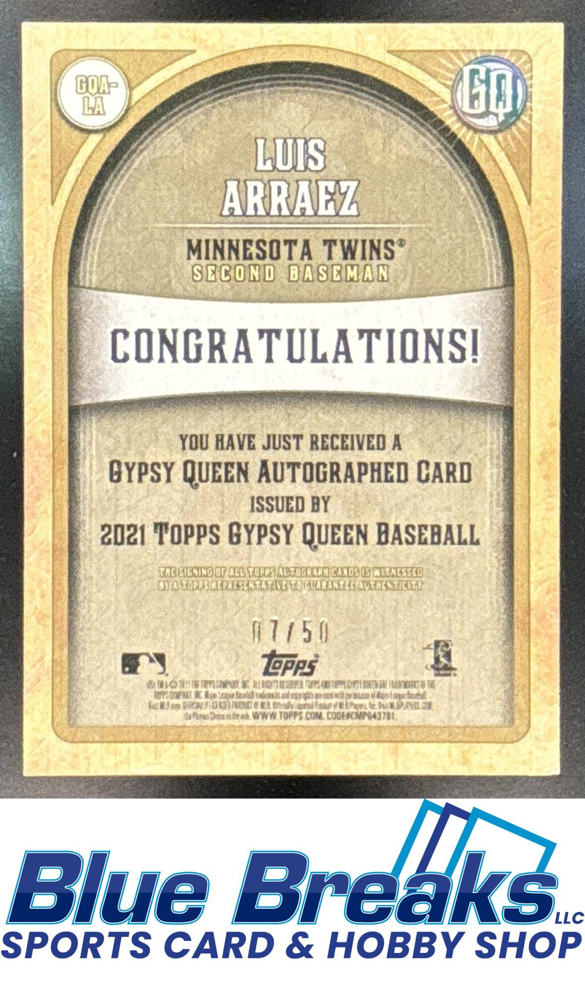 2021 Topps Gypsy Queen Luis Arraez #GQA-LA Auto Black & White 07/50 Minnesota Twins