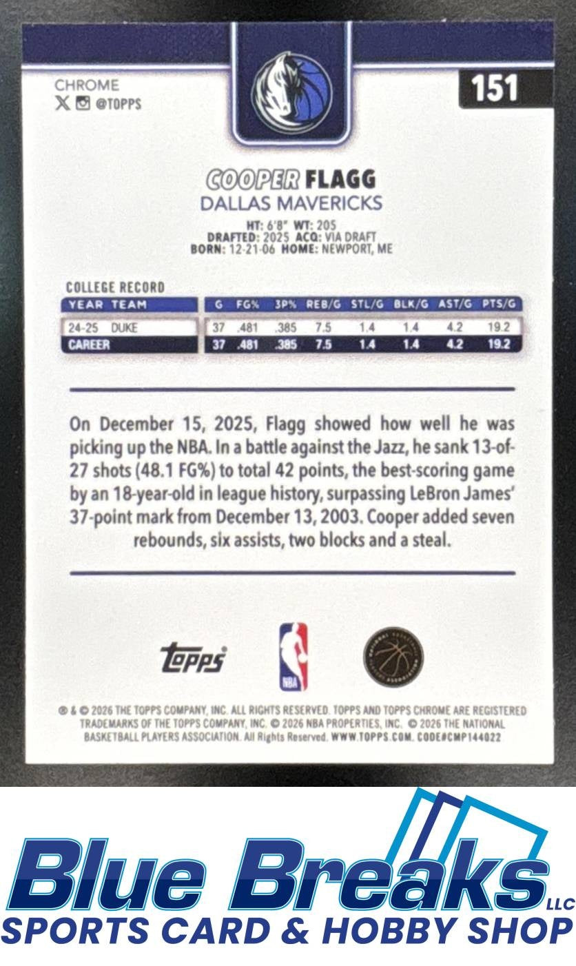 2025-26 Topps Chrome Update Cooper Flagg RC #151 Dallas Mavericks
