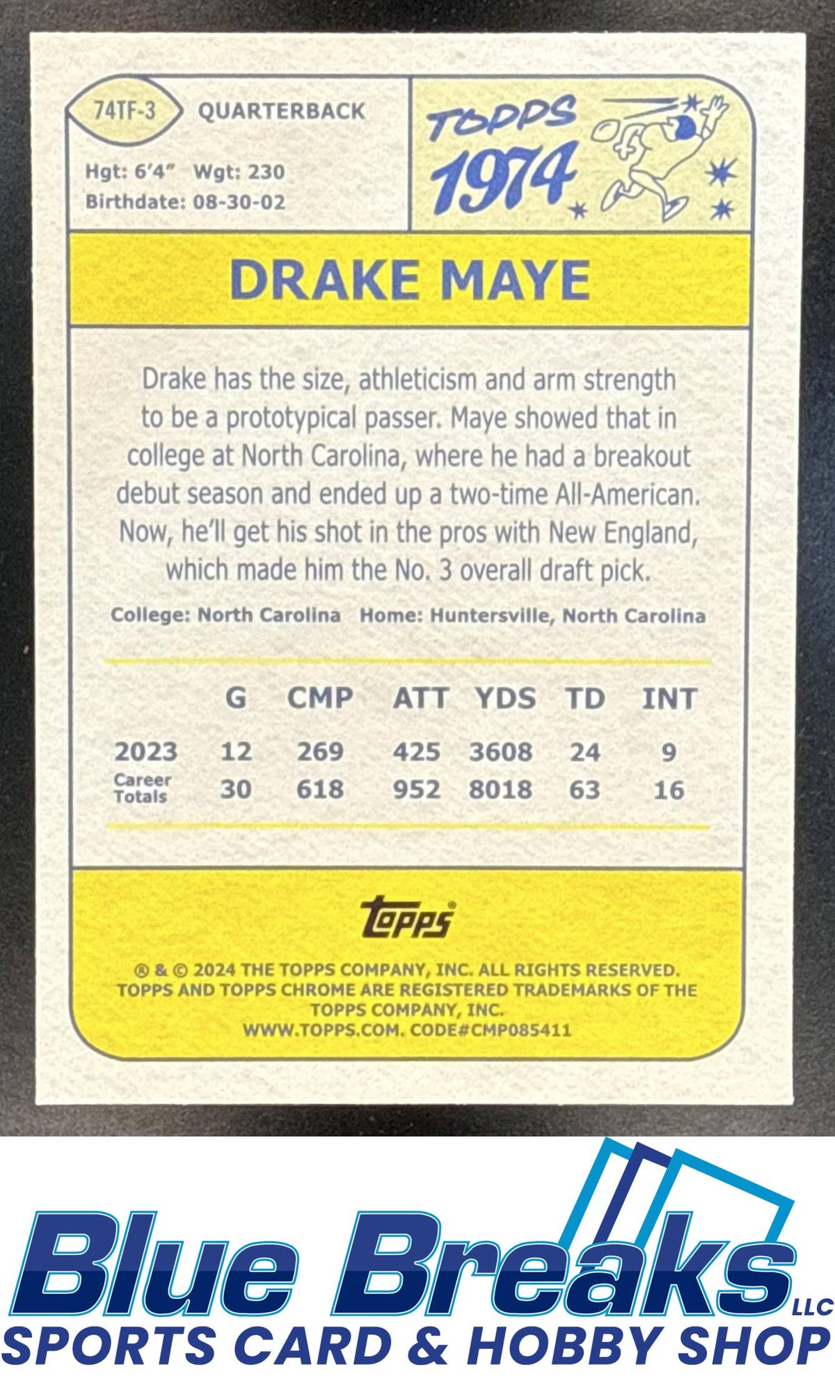 2024 Topps Chrome Drake Maye #74TF-3 1974 Football X-Fractor RC New England Patriots