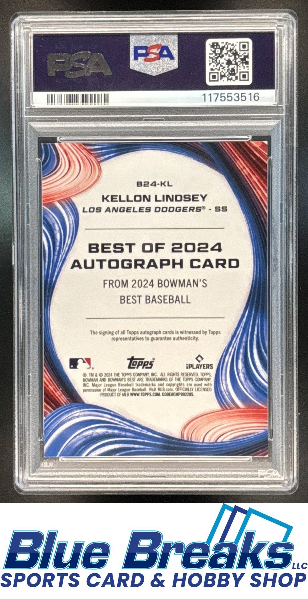 2024 Bowman's Best Kellon Lindsey #B24-KL Best of 2024 Auto Blue Refractor 003/150 PSA 10 Los Angeles Dodgers