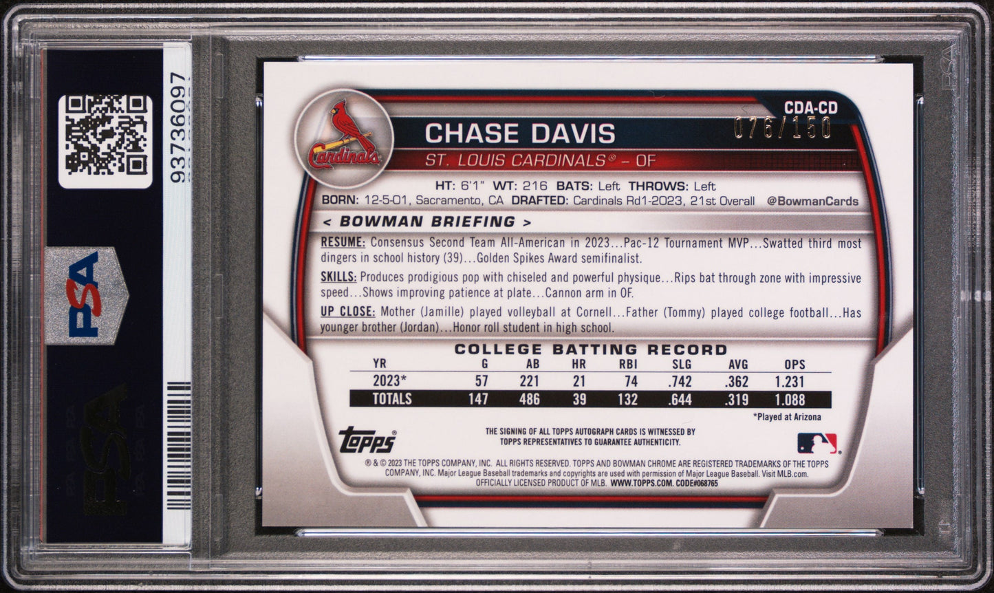 2023 Bowman Draft - 1st Bowman - Chrome Prospect - blue refractor - Chase Davis - auto - 076/150 - #CDA-CD - PSA 9 - baseball - Cardinals