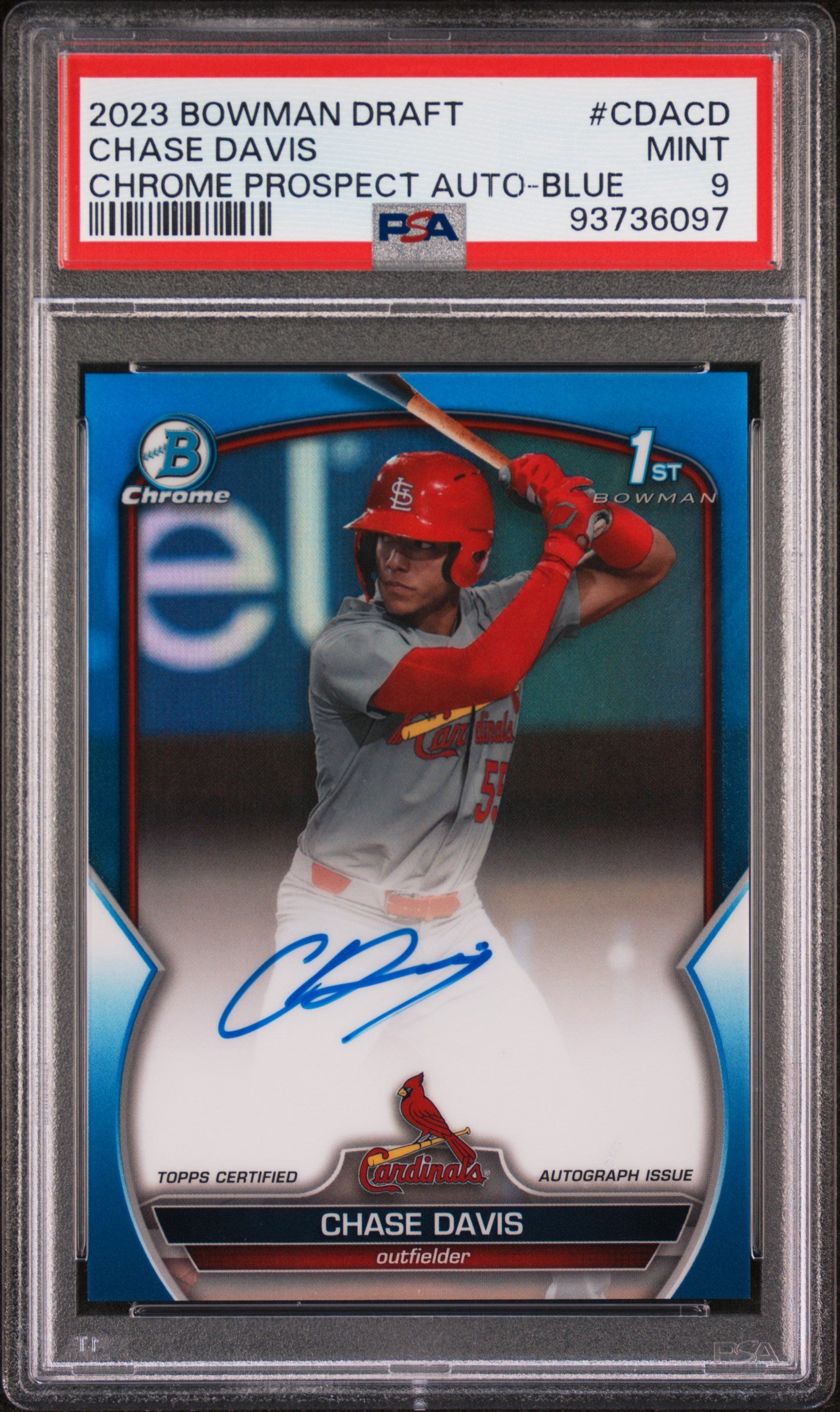 2023 Bowman Draft - 1st Bowman - Chrome Prospect - blue refractor - Chase Davis - auto - 076/150 - #CDA-CD - PSA 9 - baseball - Cardinals