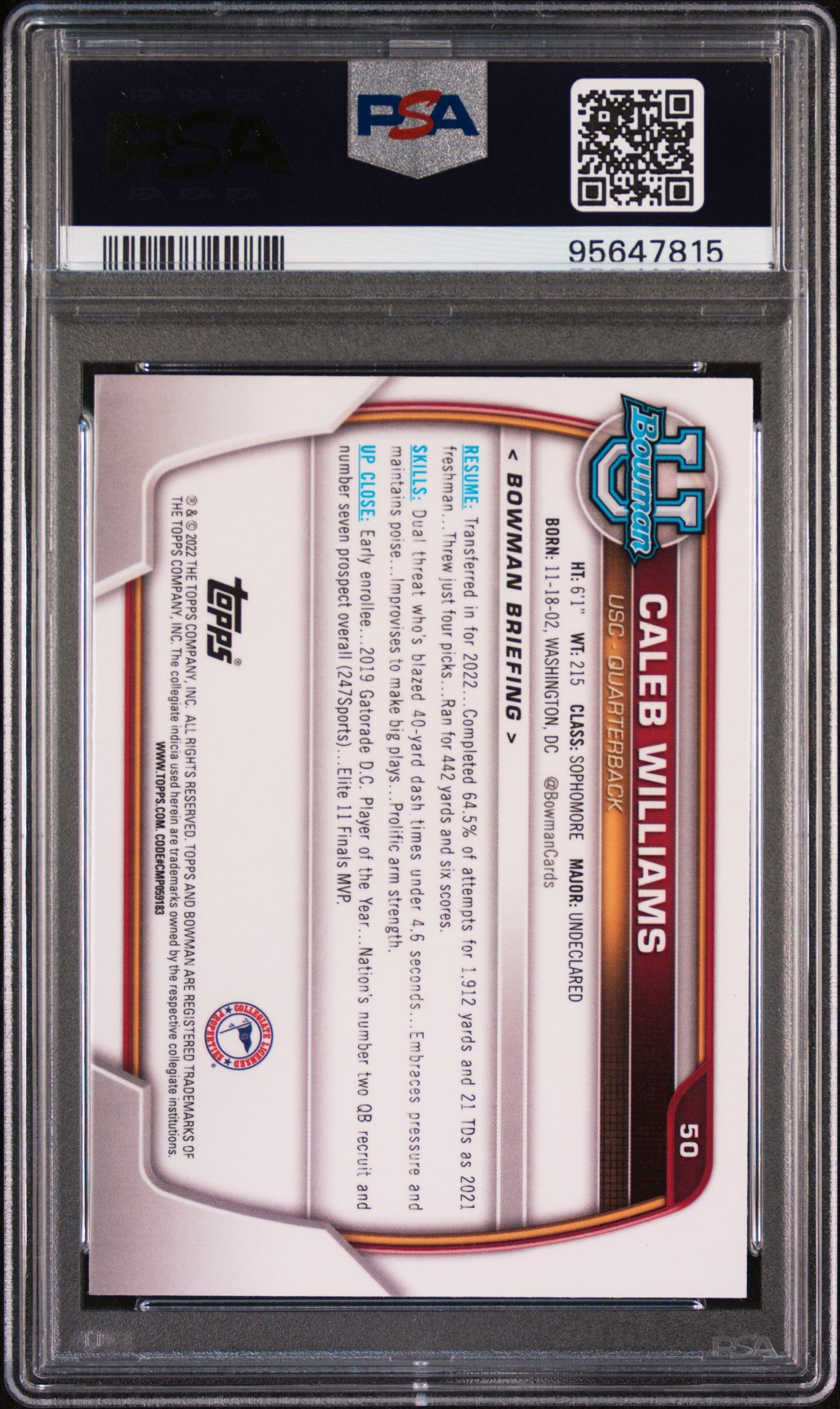 2022 Bowman University - Chrome Prospects - 1st Bowman - Caleb Williams - #50 - PSA 9 - football - USC - Bears