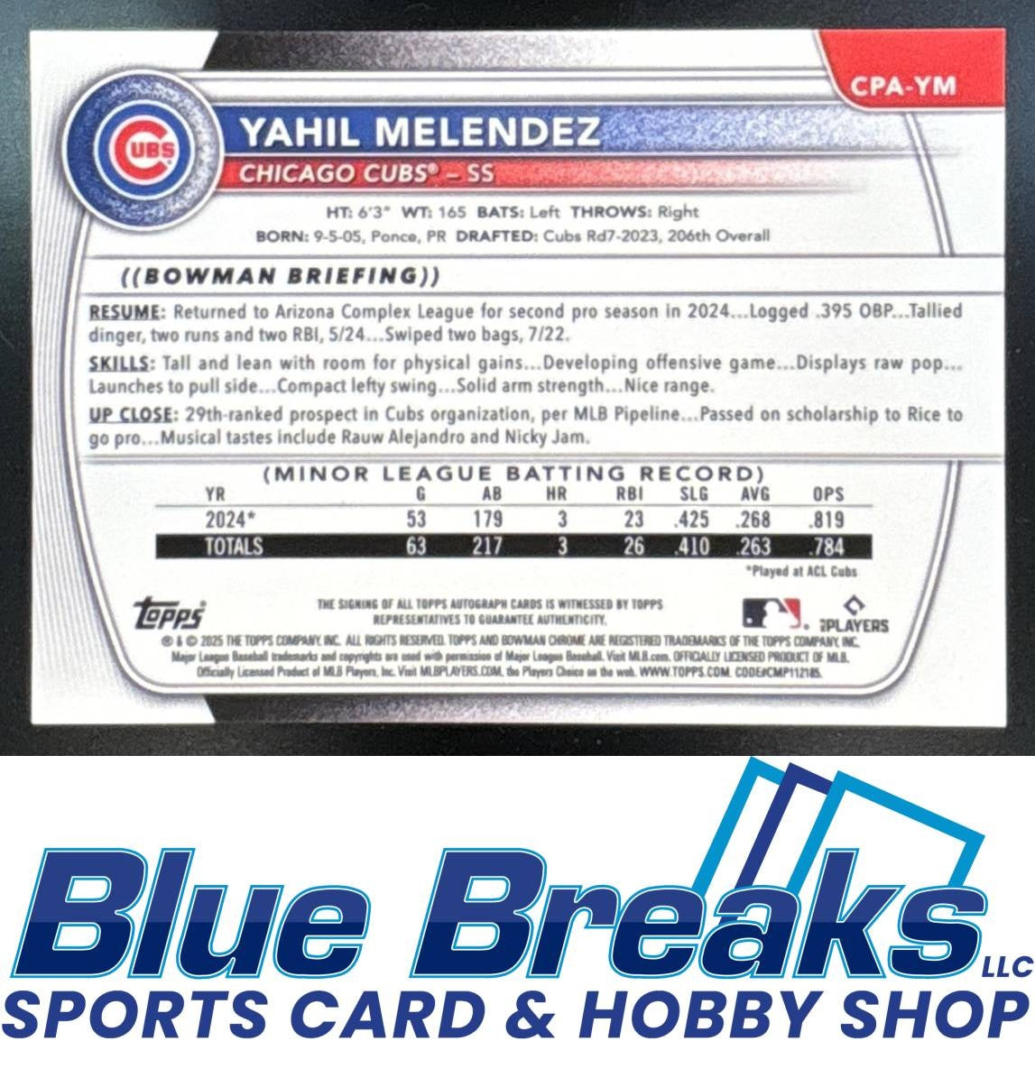 2025 Bowman Chrome Yahil Melendez #CPA-YM Auto Purple Refractor 062/250 1st Prospect