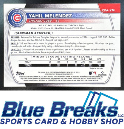 2025 Bowman Chrome Yahil Melendez #CPA-YM Auto Purple Refractor 062/250 1st Prospect