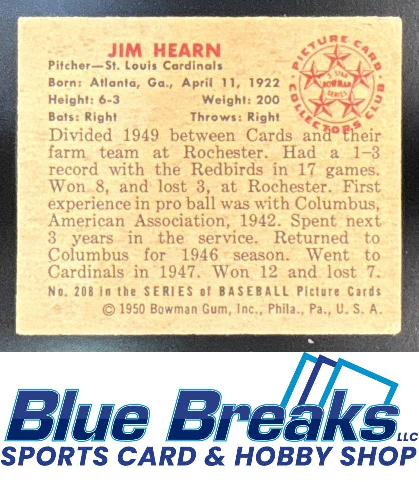 1950 Bowman Jim Hearn #208 Cardinals