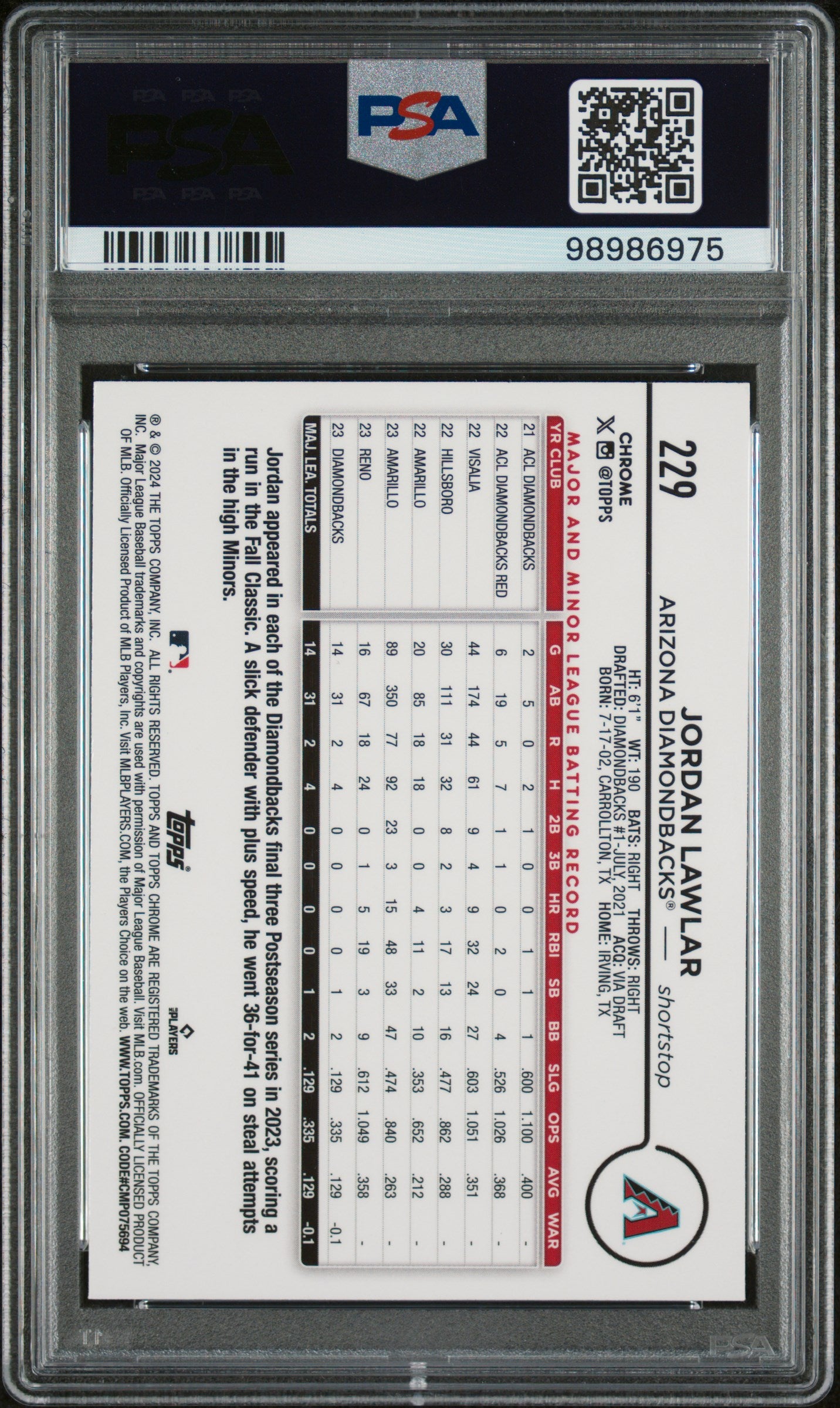 2024 Topps - Chrome - blue refractor - Jordan Lawlar - 062/150 - RC - #229 - PSA 9 - baseball - Diamondbacks