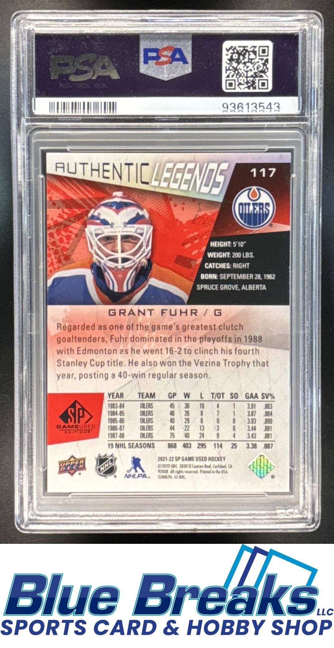 2021 SP Game Used Grant Fuhr #117 Red Fragment 94/205 PSA 10 Ice Hockey Oilers