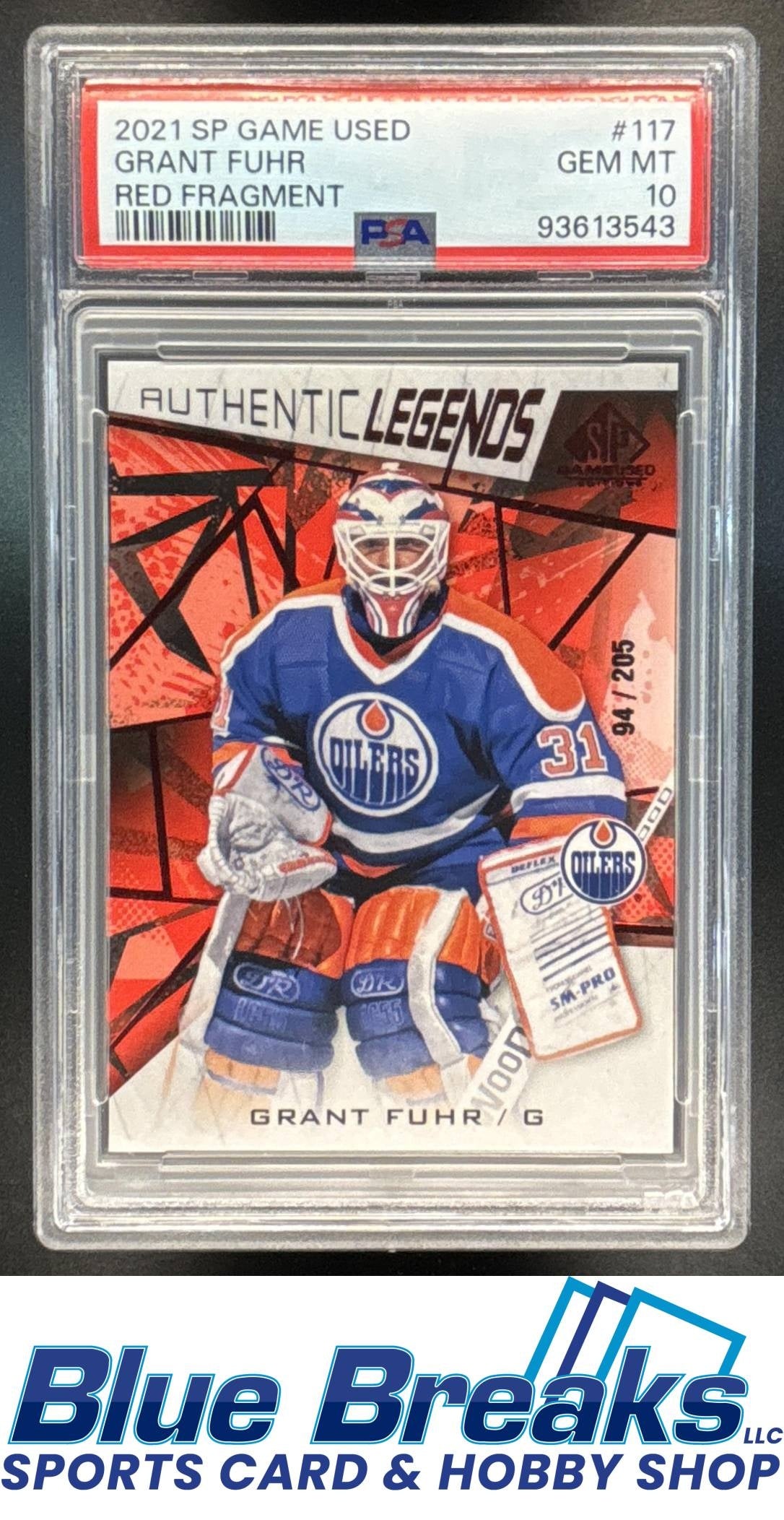 2021 SP Game Used Grant Fuhr #117 Red Fragment 94/205 PSA 10 Ice Hockey Oilers