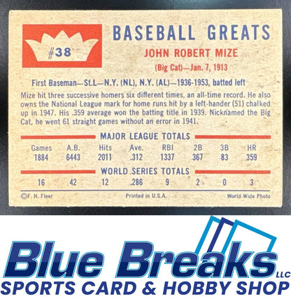 1960 Fleer Baseball Greats Johnny Mize #38 Chicago Cubs