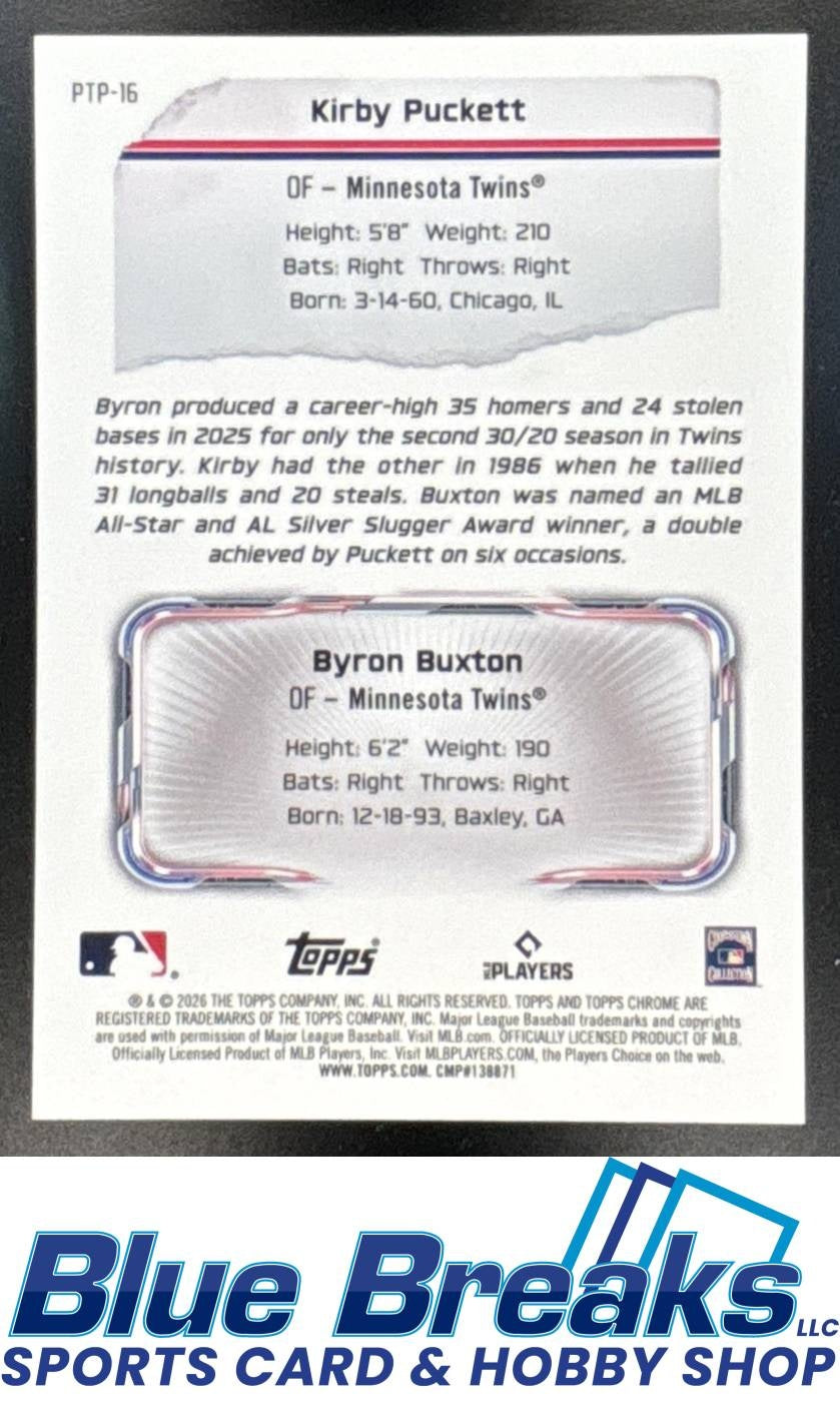 2026 Topps Chrome Kirby Puckett Byron Buxton #PTP-16 Past to Present Purple Refractor 71/75