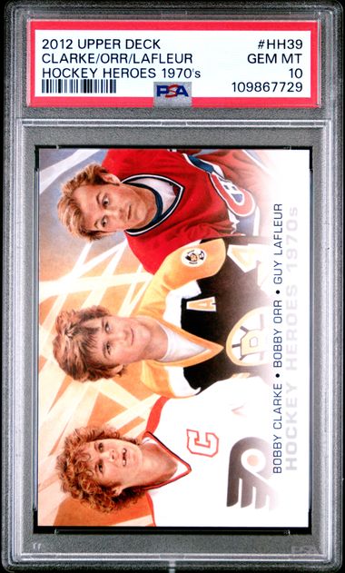 2012 Upper Deck - Bobby Clarke - Bobby Orr - Guy Lafleur - Hockey Heroes 1970s - Bruins - Canadiens - Flyers - #HH39 - PSA 10 - drop