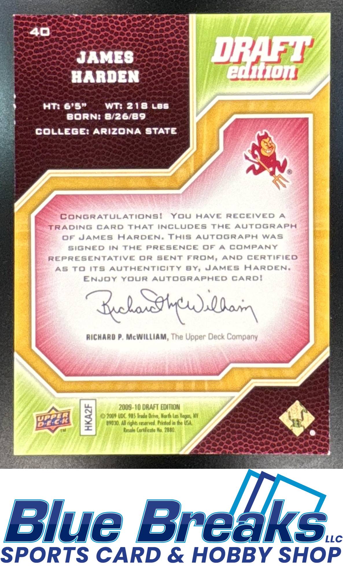 2009-10 Upper Deck Draft Edition Auto Green James Harden 235/249 Rookie #40 Arizona State Devils