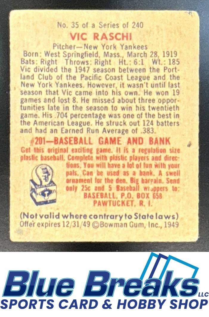 1949 Bowman Vic Raschi #35 Yankees