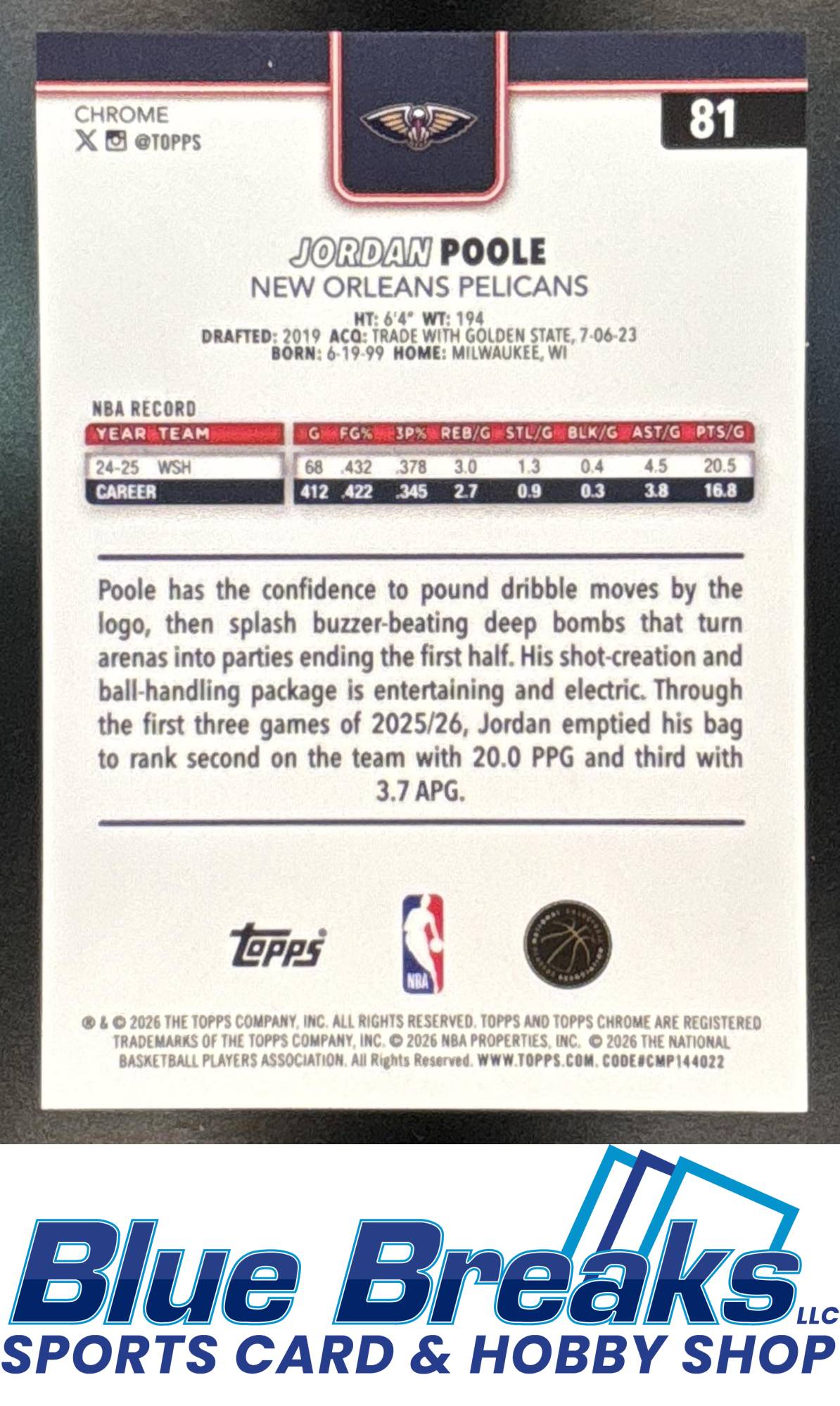2025 Topps Chrome Update Jordan Poole #81 Orange Wave Refractor 21/25 New Orleans Pelicans
