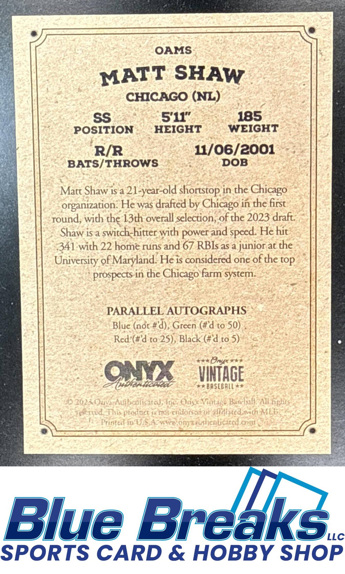 2023 Onyx Vintage Extended Matt Shaw #OAMS Blue Signatures Auto Chicago Cubs