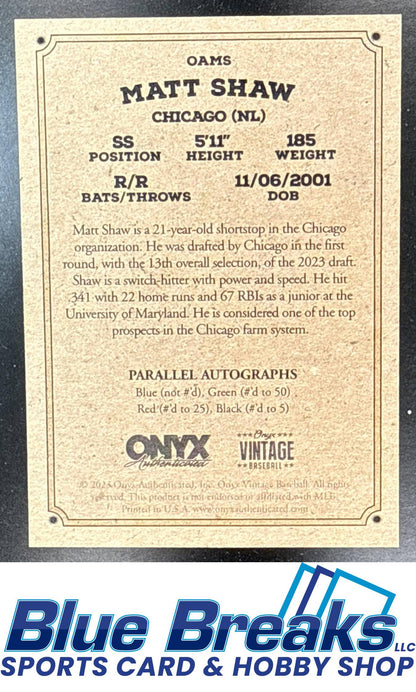 2023 Onyx Vintage Extended Matt Shaw #OAMS Blue Signatures Auto Chicago Cubs