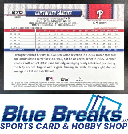 2026 Topps Chrome Cristopher Sanchez #270 Blue Refractor Fanatics Box Exclusive 018/150 Philadelphia Phillies