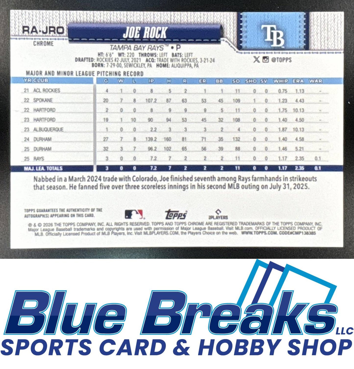 2026 Topps Chrome Joe Rock #RA-JRO Auto Teal Refractor 21/299 Tampa Bay Rays