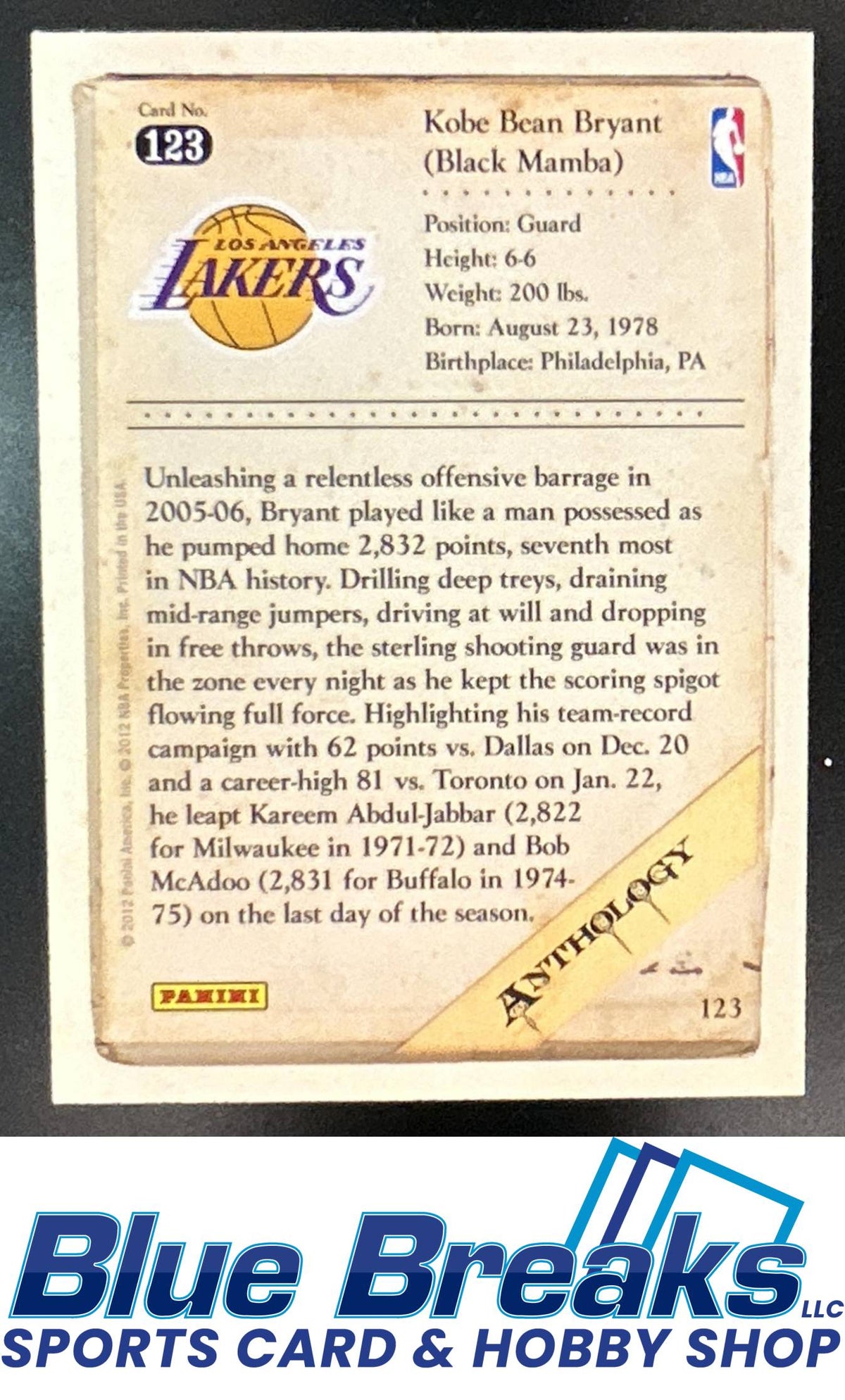 2012-13 Panini Kobe Anthology Bryant #123 f Los Angeles Lakers