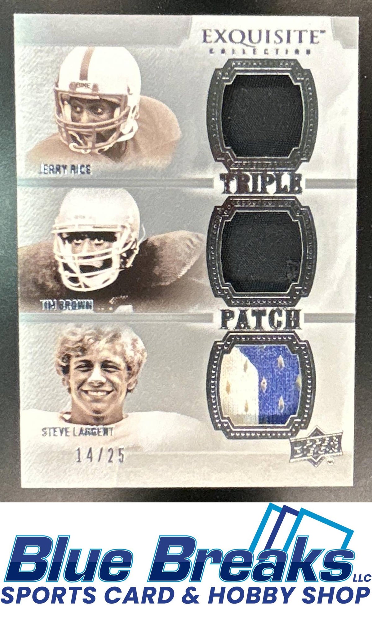 2010 Upper Deck Exquisite Collection Tim Brown Steve Largent Jerry Rice #BRL Patch Trios 14/25 San Francisco 49ers Las Vegas Raiders Seattle Seahawks