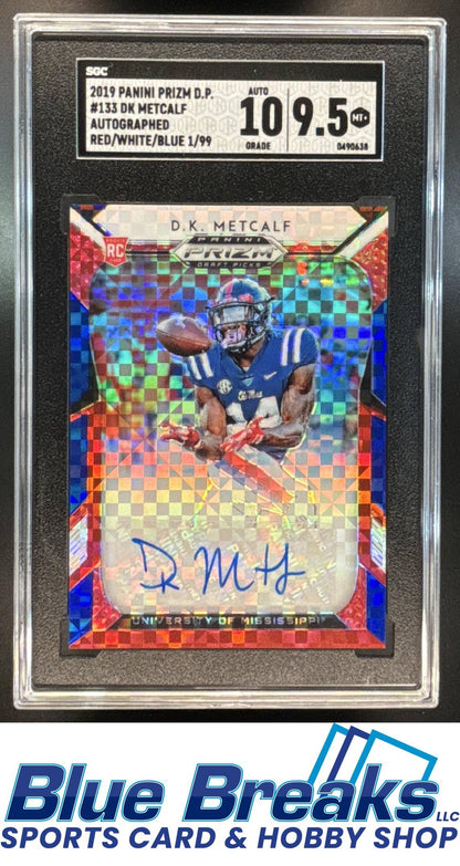 2019 Panini Prizm Draft Picks D.K. Metcalf #133 Prizms Red White and Blue Auto 01/99 RC SGC 9.5