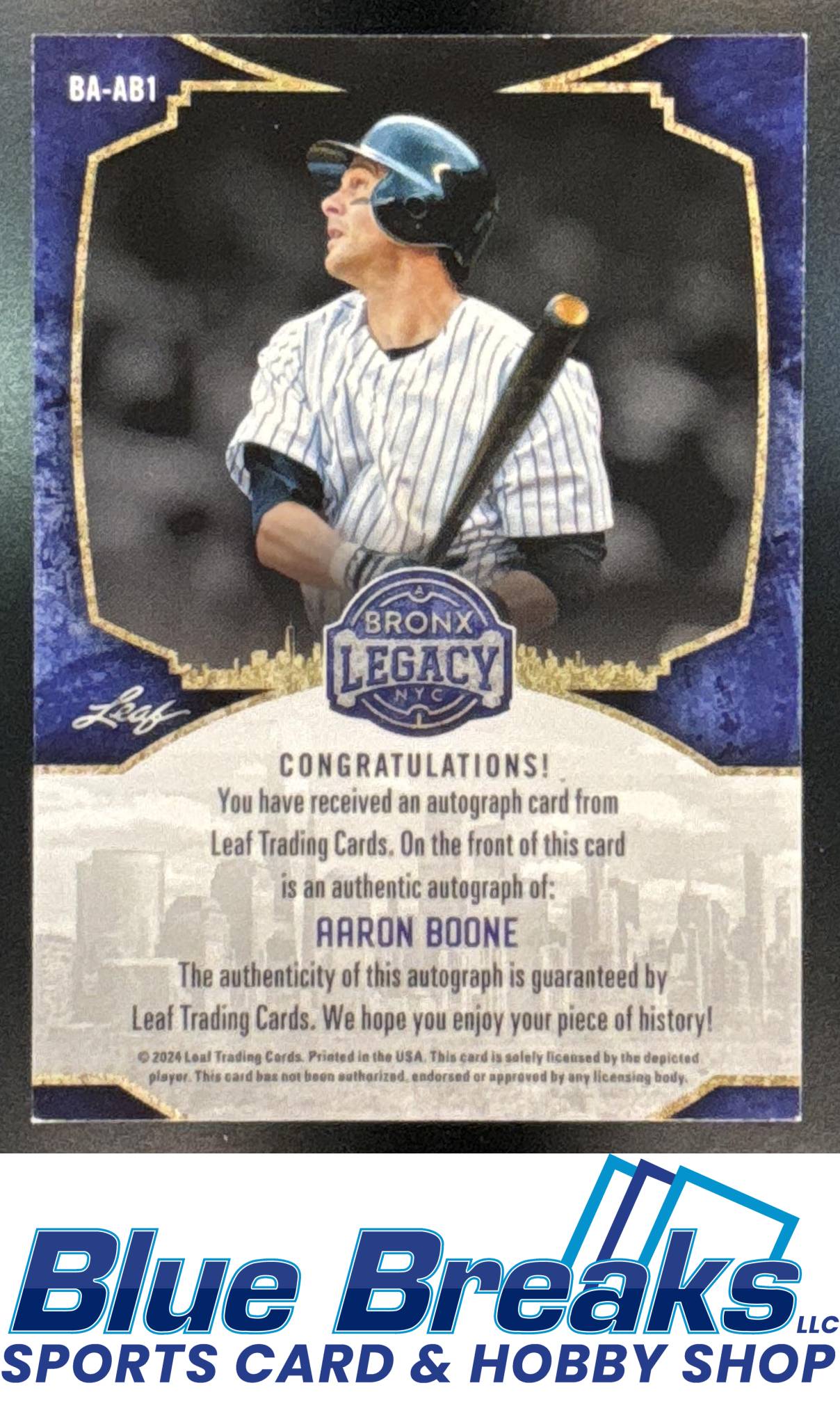2024 Leaf A Bronx Legacy Aaron Boone #BA-AB1 Auto Spectrum Purple Holofoil 09/15 New York Yankees