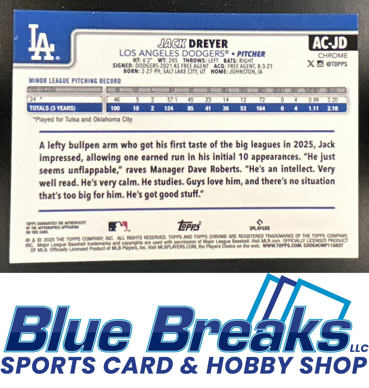 2025 Topps Chrome Update Jack Dreyer #AC-JD Auto Blue Refractor 117/150 RC Los Angeles Dodgers