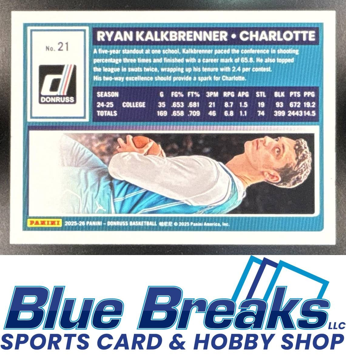 2025 Panini Donruss Ryan Kalkbrenner #21 Purple 24/49 Charlotte Hornets