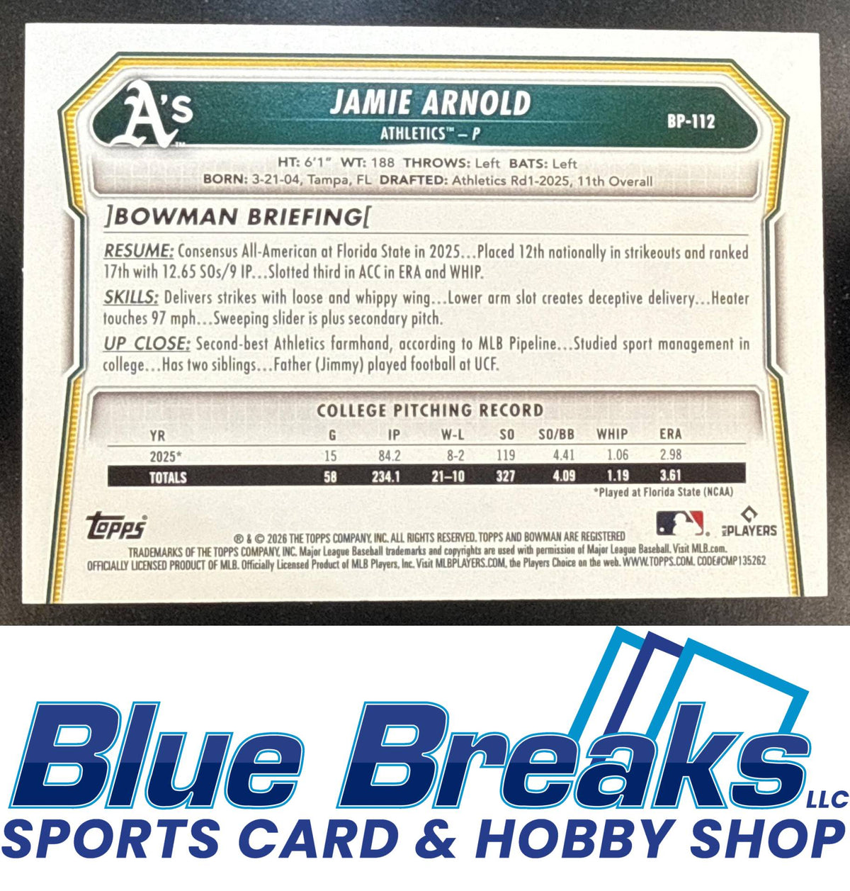 2026 Bowman Prospects Gold Pattern Jamie Arnold 8/50 #BP-112 Athletics