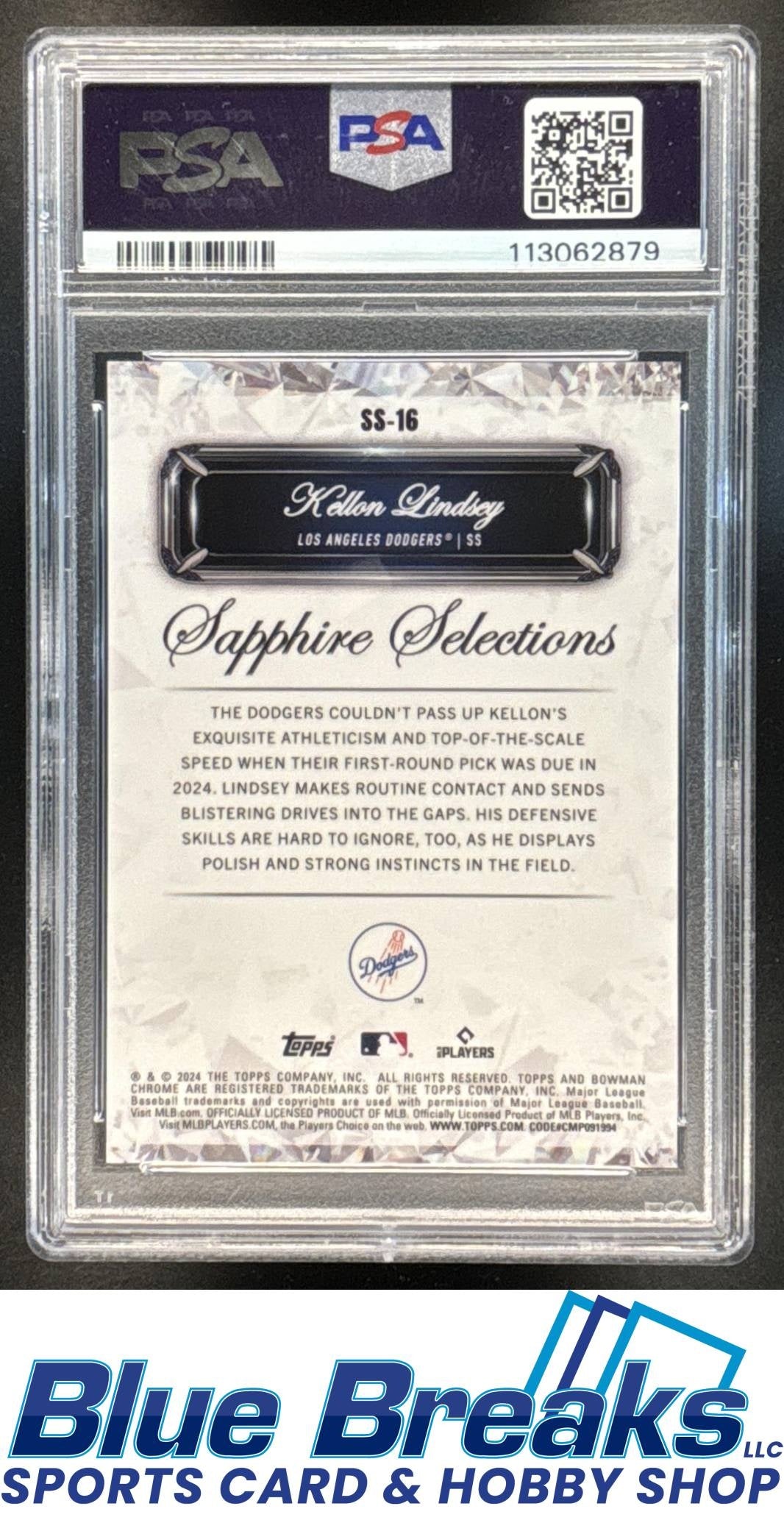 2024 Bowman Draft Sapphire Kellon Lindsey #SS-16 Selections Orange 02/25 PSA 10 Los Angeles Dodgers