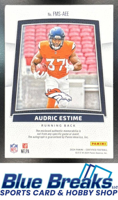 2024 Panini Freshman Fabric Blue Relic Auto Audric Estime 18/99 #FMS-AEE Denver Broncos