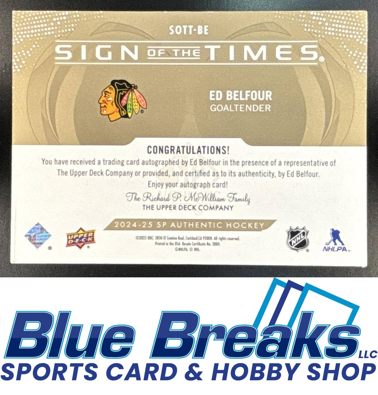 2024-25 Upper Deck Sign of the Times Auto Ed Belfour #SOTT-BE Chicago Blackhawks