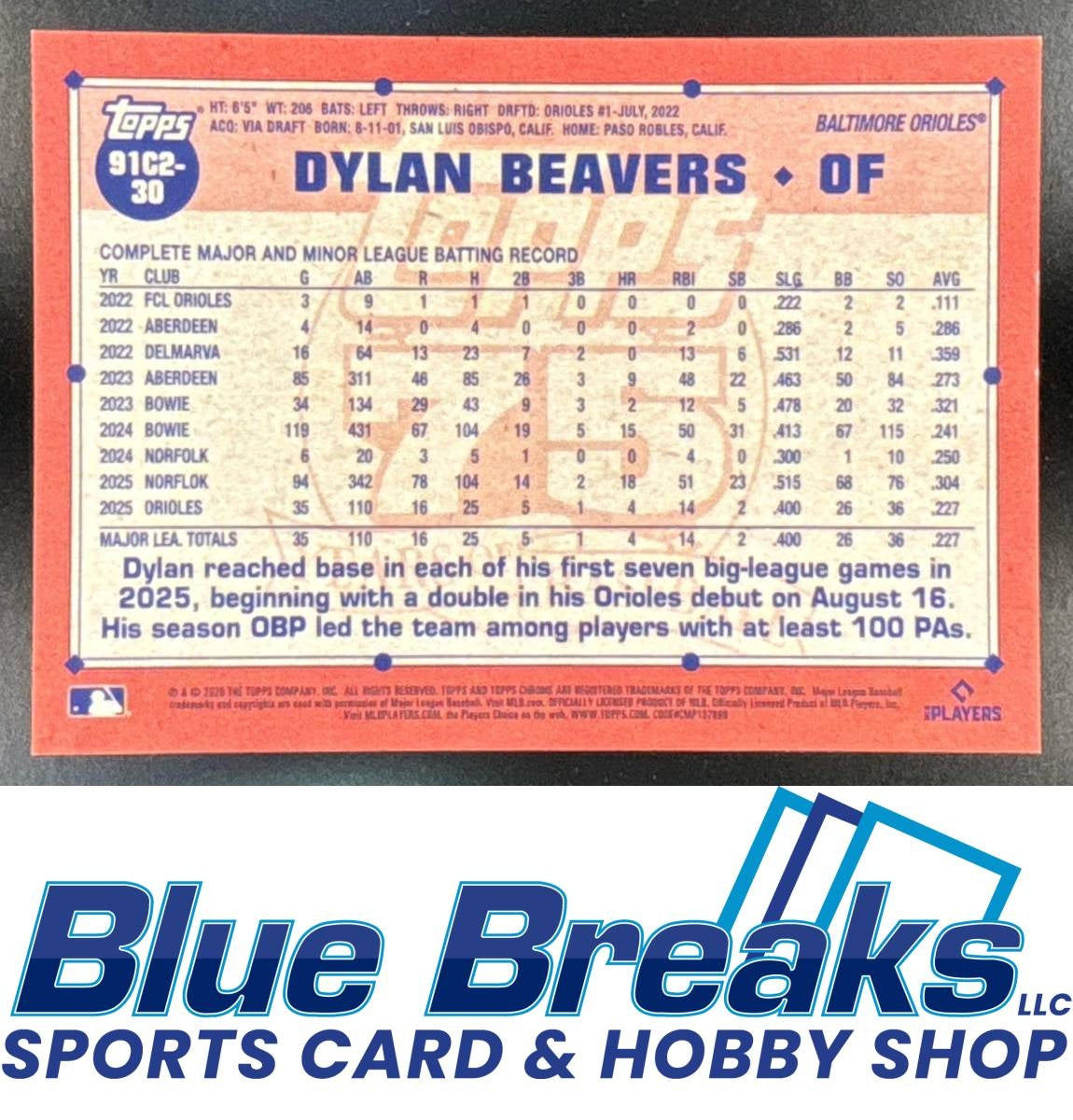 2026 Topps Chrome Dylan Beavers #218 Black Geometric Refractor 09/10 RC Baltimore Orioles