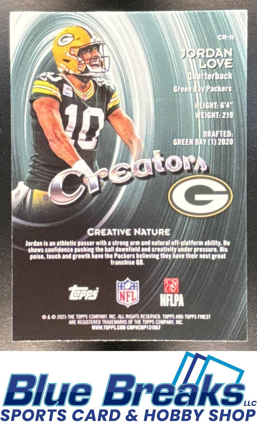 2025 Topps Finest Jordan Love #CR-11 Creators Sky Blue Refractor 030/150 Green Bay Packers