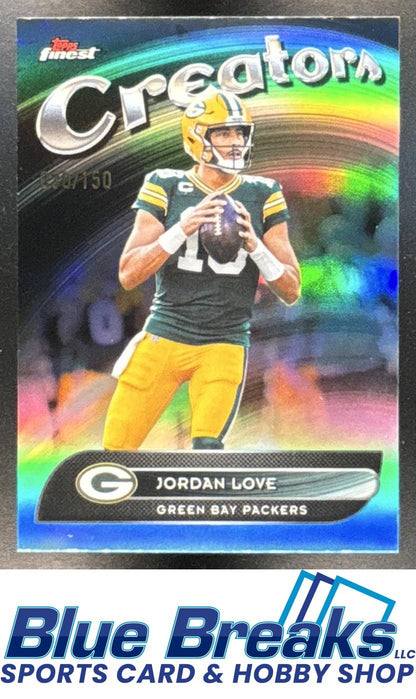 2025 Topps Finest Jordan Love #CR-11 Creators Sky Blue Refractor 030/150 Green Bay Packers