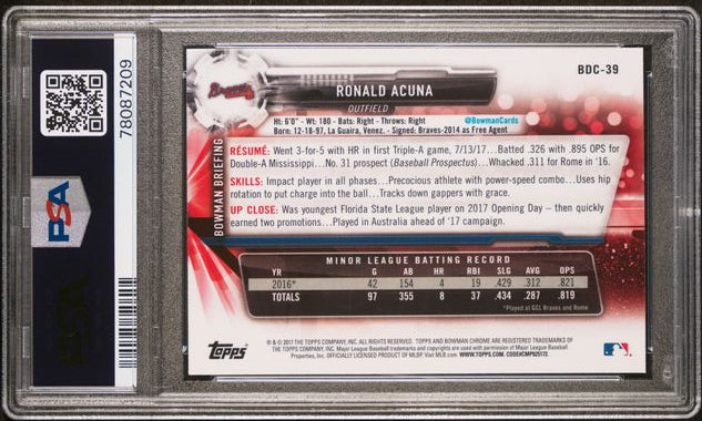 20417 Bowman Chrome - Draft - Ronald Acuna Jr - #BDC-39 - PSA 9 - baseball - Braves