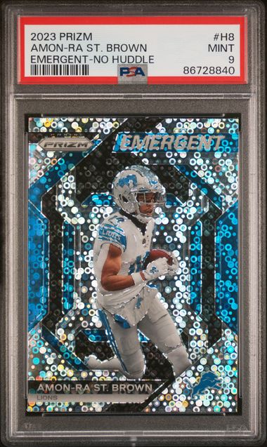 2023 Panini - Prizm - Emergent - No Huddle - Amon-Ra St. Brown - #H8 - PSA 9 - football - Lions