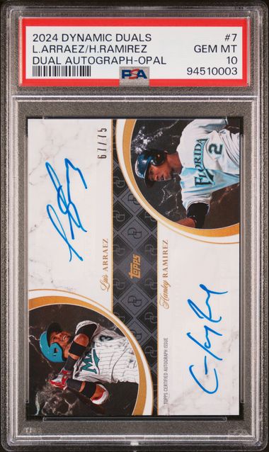 2024 Topps - Dynamic Duals - Dual Autograph - Opal - Luis Arraez - Hanley Ramirez - 67/75 - #7A - PSA 10 - baseball - Marlins