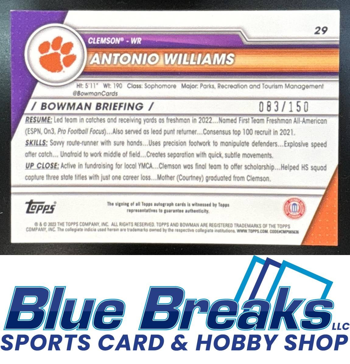 2023 Bowman University Chrome Antonio Williams #29 Prospect Auto Fuschia Mini Diamond Refractor /150
