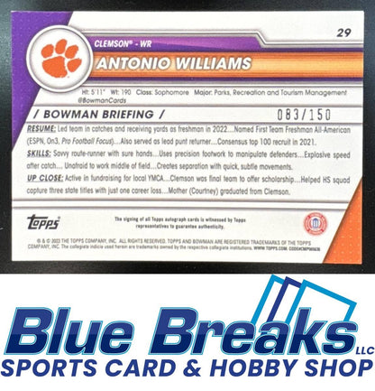 2023 Bowman University Chrome Antonio Williams #29 Prospect Auto Fuschia Mini Diamond Refractor /150