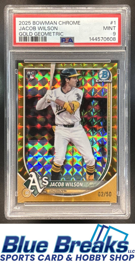 2025 Bowman Chrome Jacob Wilson #1 Gold Geometric Refractor 02/50 RC PSA 9 baseball Athletics