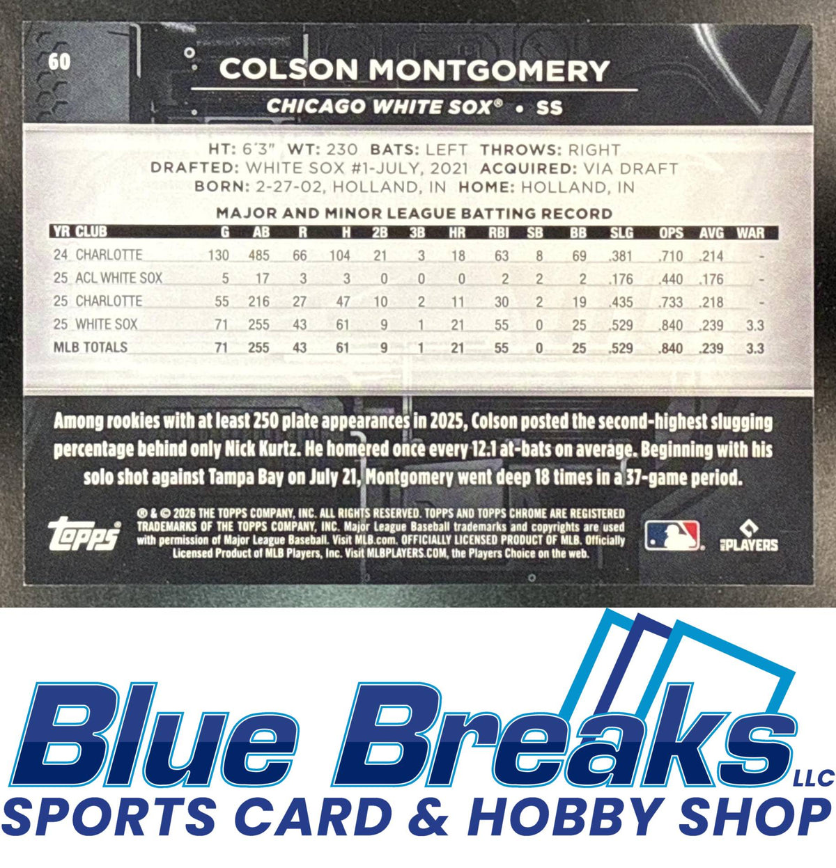 2026 Topps Chrome Black Colson Montgomery #60 Gold Wave Refractor 03/50 RC Chicago White Sox