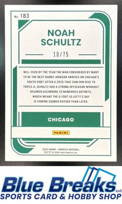 2026 Panini Donruss Noah Schultz #183 Rated Prospects On Fire 10/75 Prospect Chicago White Sox