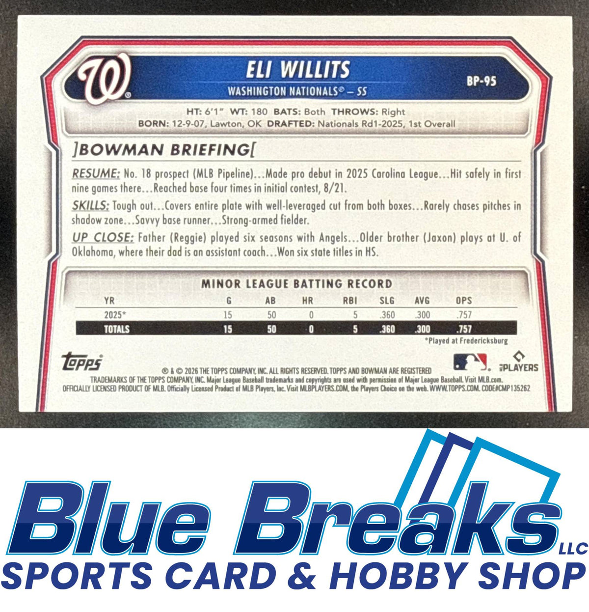 2026 Bowman Eli Willits #BP-95 Prospects Green Border 97/99 Washington Nationals