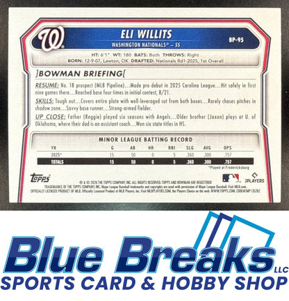 2026 Bowman Eli Willits #BP-95 Prospects Green Border 97/99 Washington Nationals