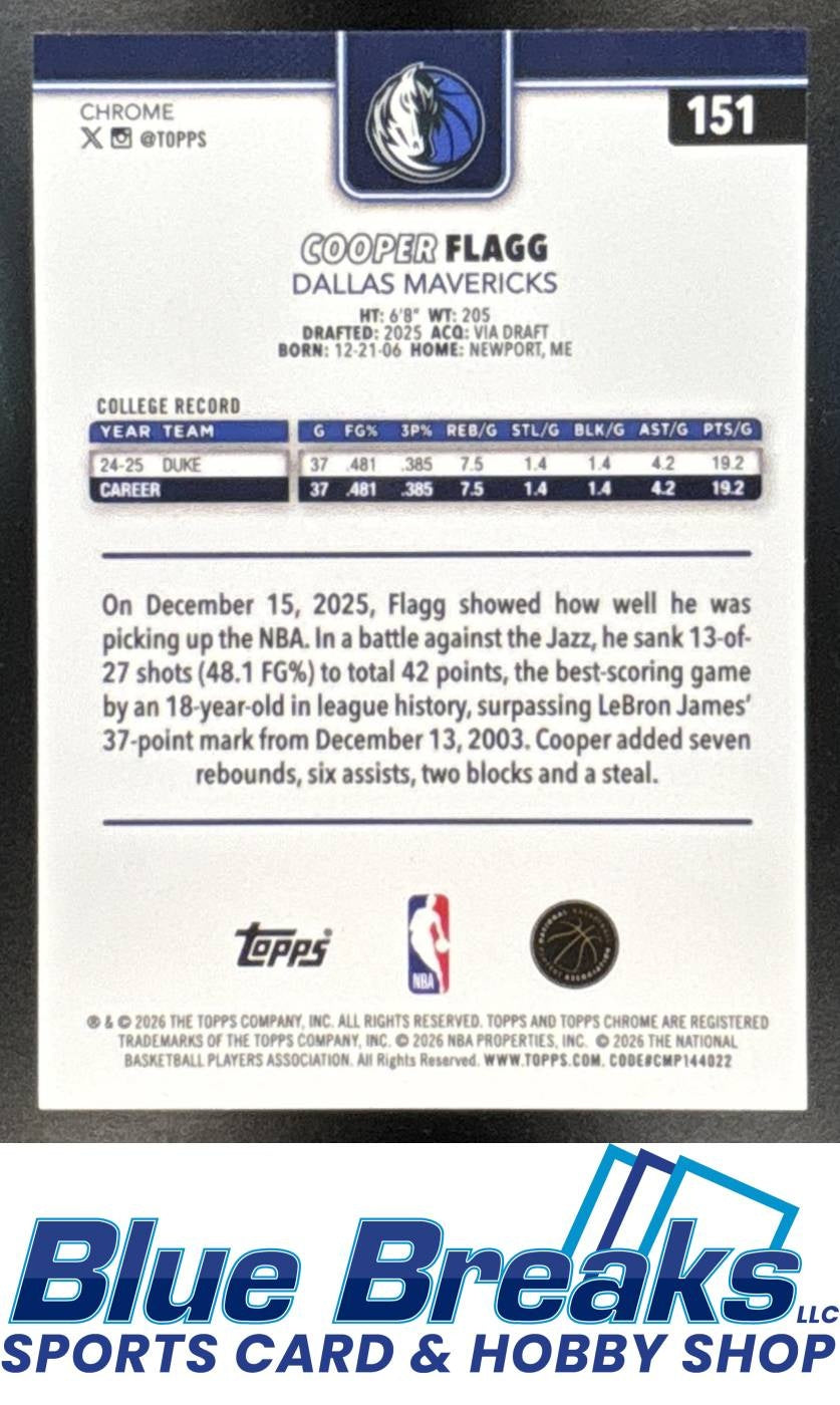 2025-26 Topps Chrome Update Cooper Flagg RC Rookie #151 b Dallas Mavericks