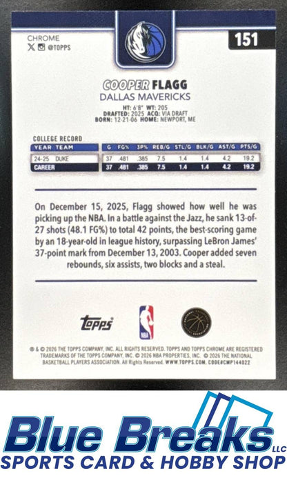 2025-26 Topps Chrome Update Cooper Flagg RC Rookie #151 b Dallas Mavericks